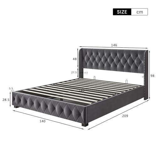 LIT DOUBLE REMBOURRÉ LIVLUX GRIS CLAIR 140x200 CM HYDRAULIQUE RANGÉMENT LATTES HEADBOARD ADULTES ADOLESCENTS