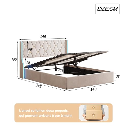 Lits Double QMTXBYJ 140x200 cm avec Sommier et Rangement LED | Capitonné pour Adulte | Hauteur Adaptable | Élégant Velou