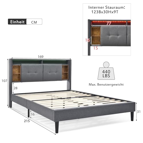 Lit King Size Merax Gris avec Éclairage LED et Charge USB pour Adolescent et Adulte