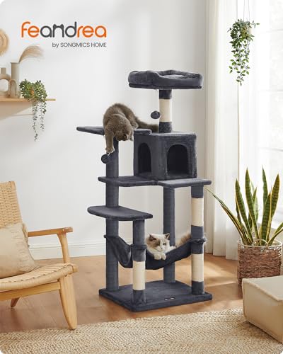 Feandrea Arbre à Chat Hauteur 143 cm pour Chats Active et Curieux, Multi-Niveaux avec Jouets et Niche, Gris Fumé PCT161G