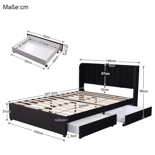 KOMHTOM Double Bed Rembourré Noir 140x200CM | Meilleures Ventes | Sommier Moderne avec Tiroirs | Idéal pour la Chambre E