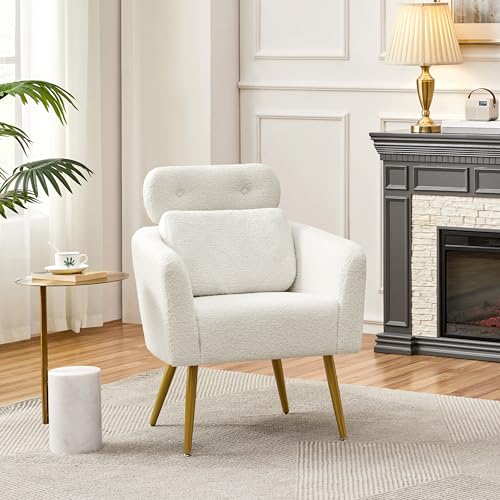 Yaheetech Fauteuil de Salon en Tissu Bouclette Blanc pour Bureau et Chambre avec Appui-tête Réglable et Coussin Lombaire