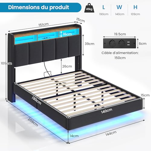 Brinlawb Lit 140 x 190 avec Sommier - Éclairage LED & Prises CA & Ports USB - Tête de Lit Rembourrée - Tissu en Lin Gris