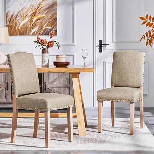 Yaheetech Lot de 2 Chaises de Salle à Manger Kaki Pieds en Bois Massif pour SalonDesign Classique avec Boutons Bronzés