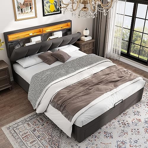 Lit King Size avec Sommier LED et Tete de Lit Réglable, Lit AlfBounds 140x190 avec Rangement et Tiroirs, Lit Double Remb