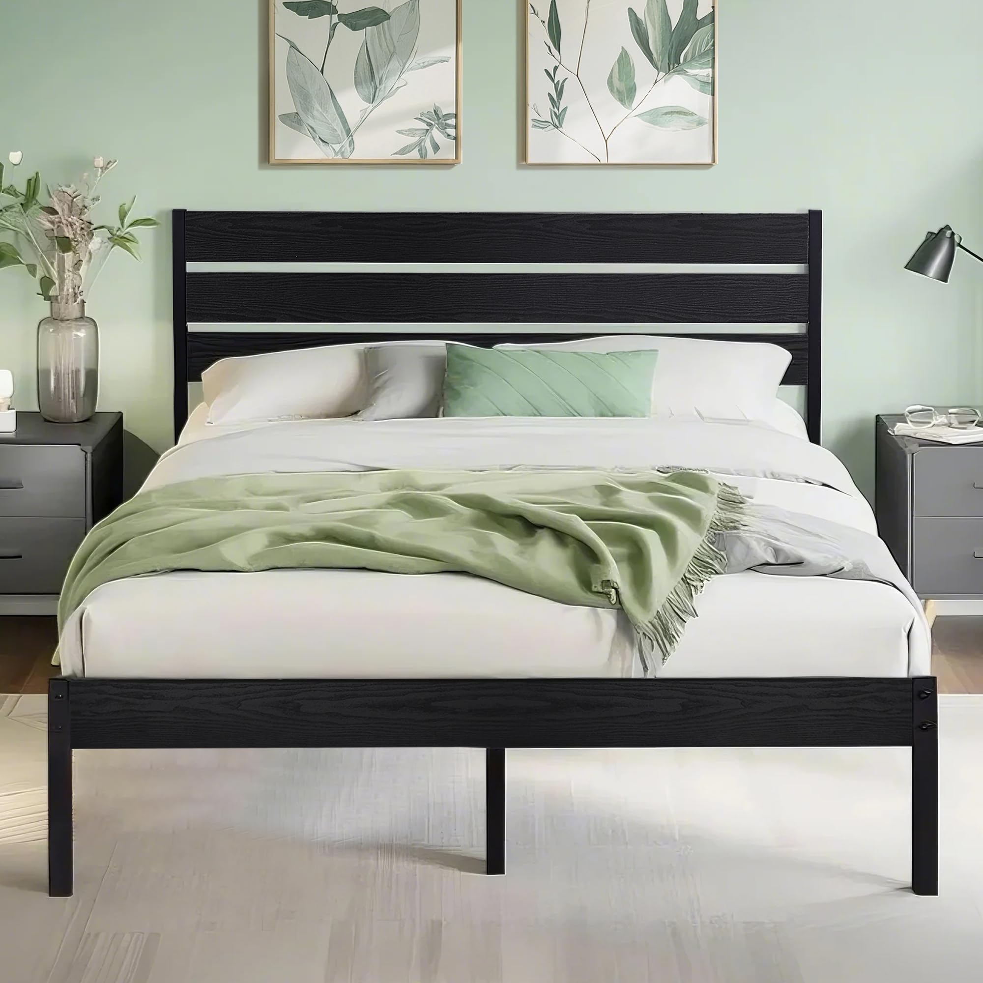 VECELO Sommier Plateforme 140x200 cm - Cadre de Lit en Bois Rustique Vintage avec Support à Lattes Métal Solide, Rangeme