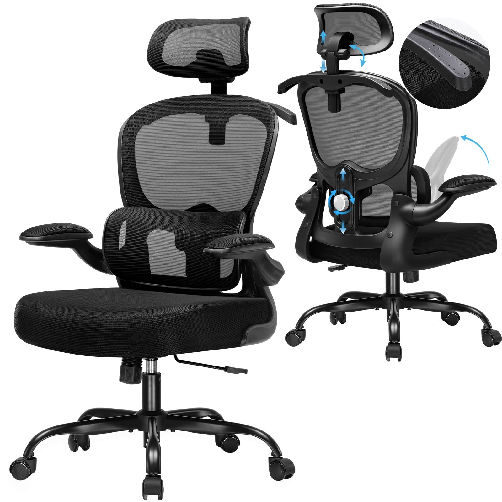 Chaise de Bureau COMHOMA Ergonomique pour Travailleurs Debout, Fauteuil 3D avec Appui-Tête et Support Lombaire, Assise R