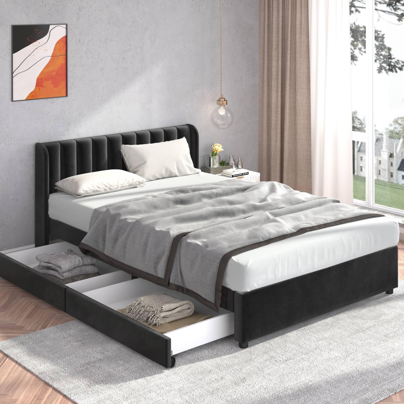 KOMHTOM Double Bed Rembourré Noir 140x200CM | Meilleures Ventes | Sommier Moderne avec Tiroirs | Idéal pour la Chambre E