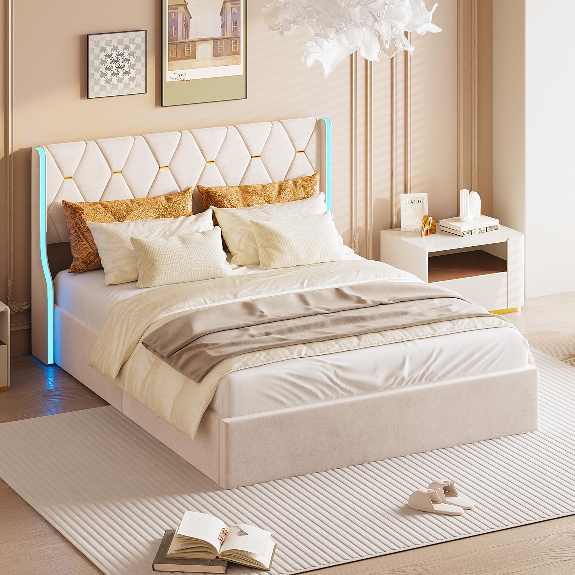 Lits Double QMTXBYJ 140x200 cm avec Sommier et Rangement LED | Capitonné pour Adulte | Hauteur Adaptable | Élégant Velou