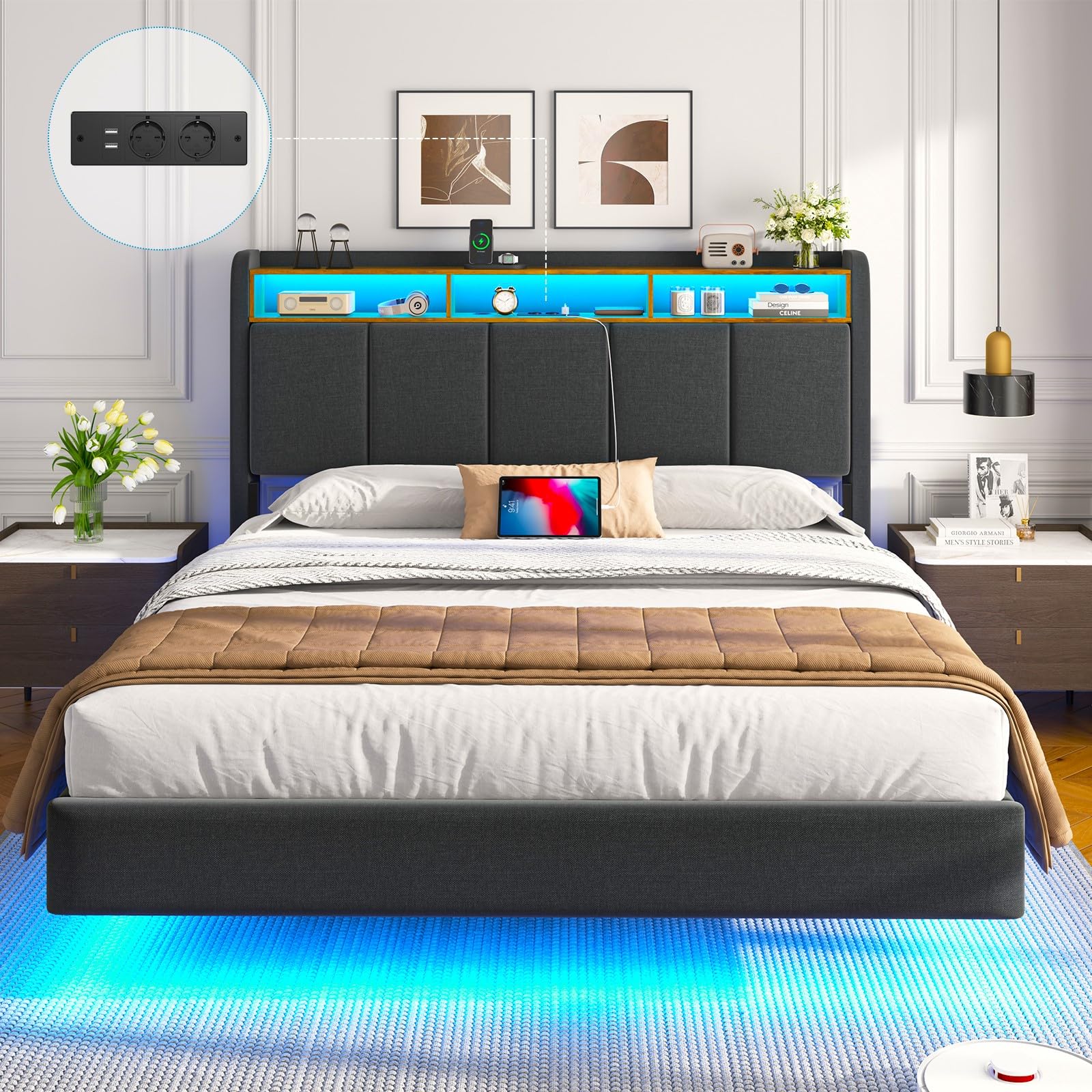 Brinlawb Lit 140 x 190 avec Sommier - Éclairage LED & Prises CA & Ports USB - Tête de Lit Rembourrée - Tissu en Lin Gris