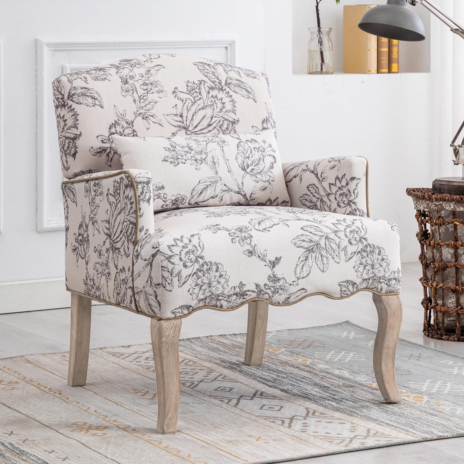 Chairus – Chaise Longue Rétro à Imprimé en Lin Rembourré pour Balcon et Salon (Chaise de Loisirs, Pieds en Bois, Beige)