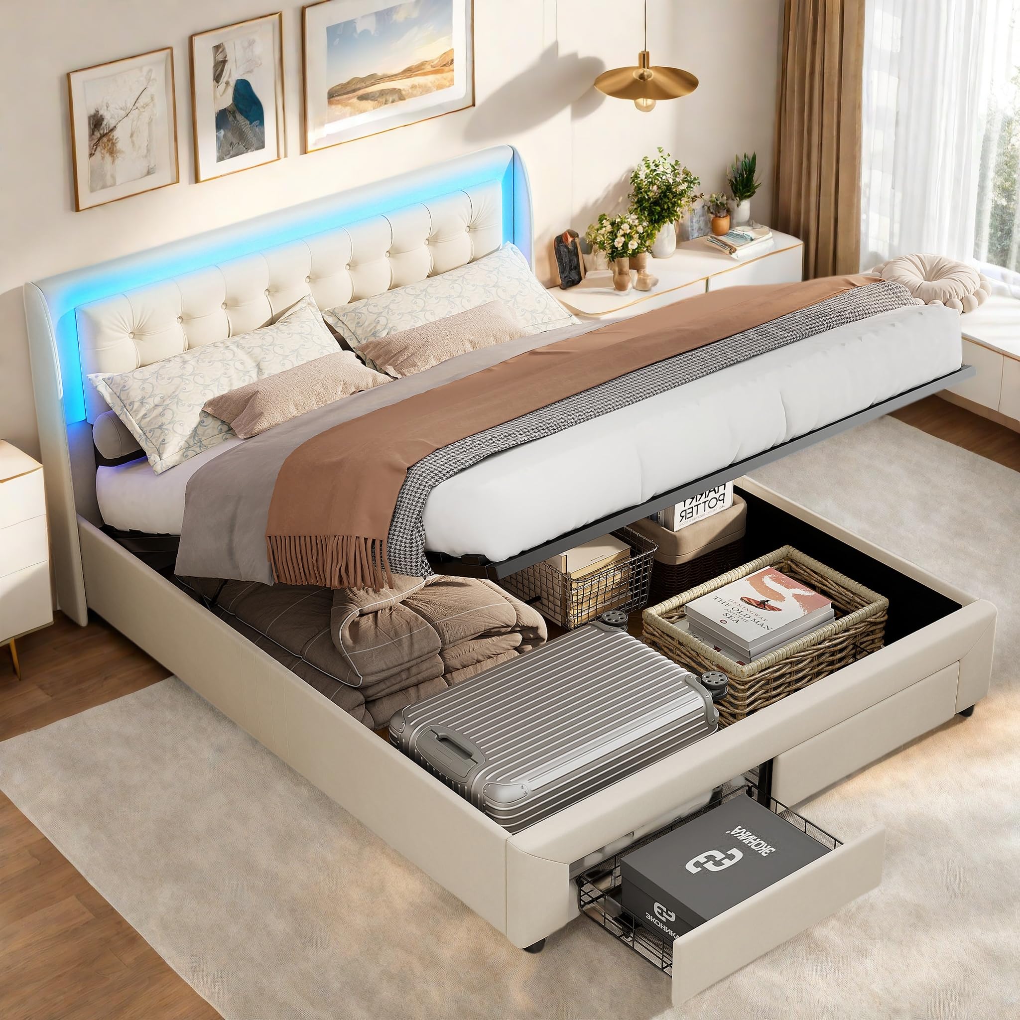 FEEOHOME Lit Double rembourré, Multifonction avec Espace de Rangement pour Adulte Adolescent, LED et Velours