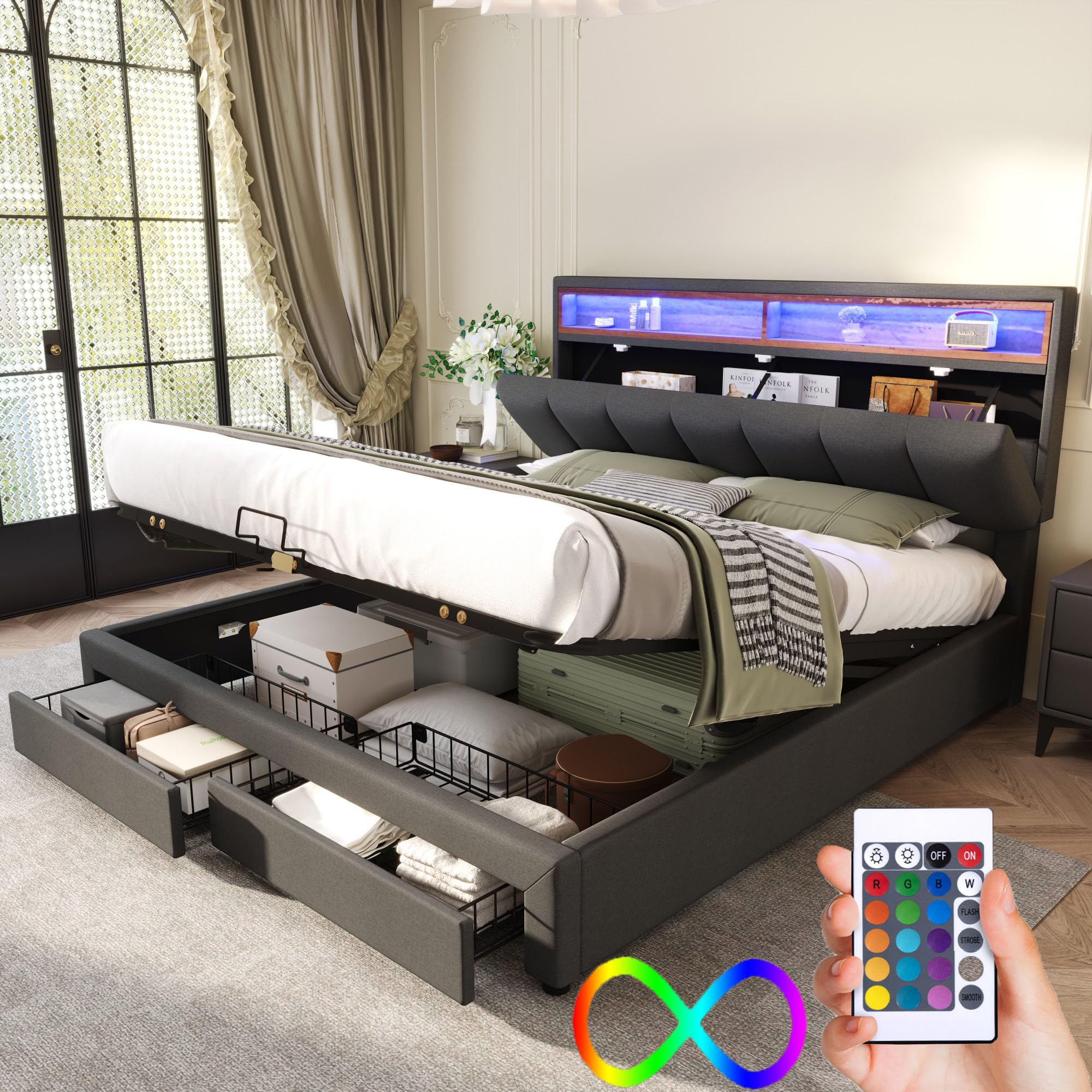 Lit King Size avec Sommier LED et Tete de Lit Réglable, Lit AlfBounds 140x190 avec Rangement et Tiroirs, Lit Double Remb